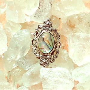 Sterling silver abalone and marcasite ring